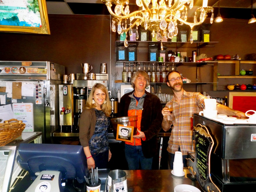 Carri Wilbanks with shop owner Craig Conner at Pablo's Coffee in Denver