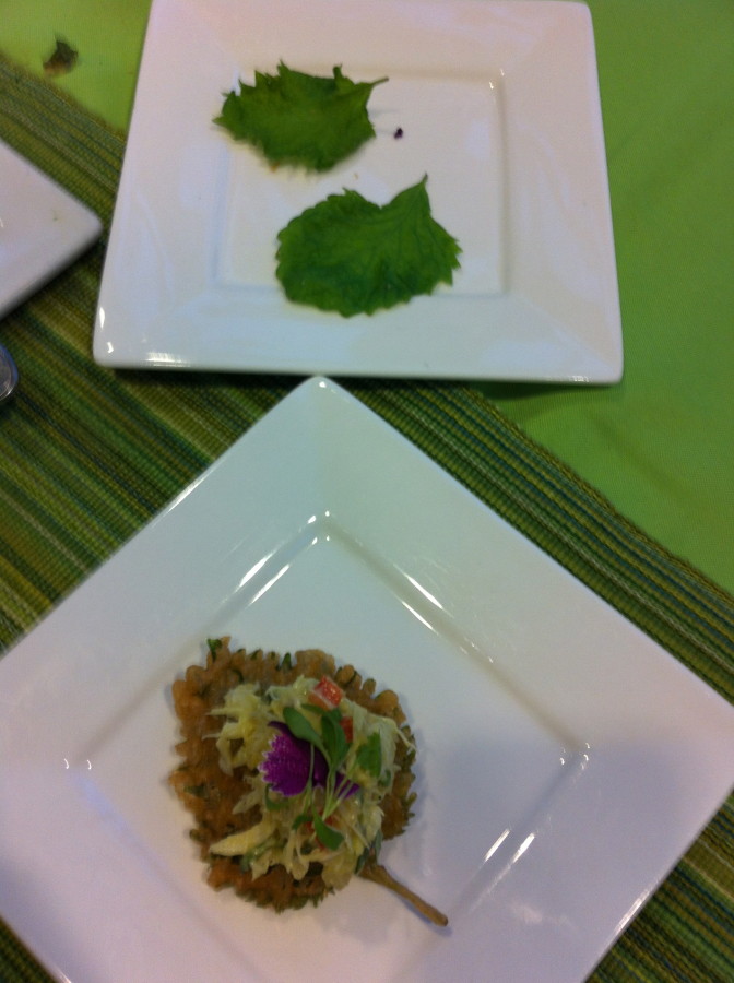 Dungeness Crab Salad placed on a shiso leaf created by Chef Jen Jasinski of Rioja