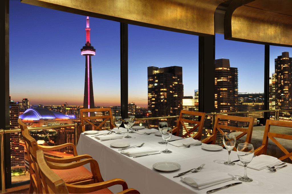 Toula Restaurant, inside the Westin Harbour Castle Hotel in Toronto, Canada overlooks the city with 360 degree views. 